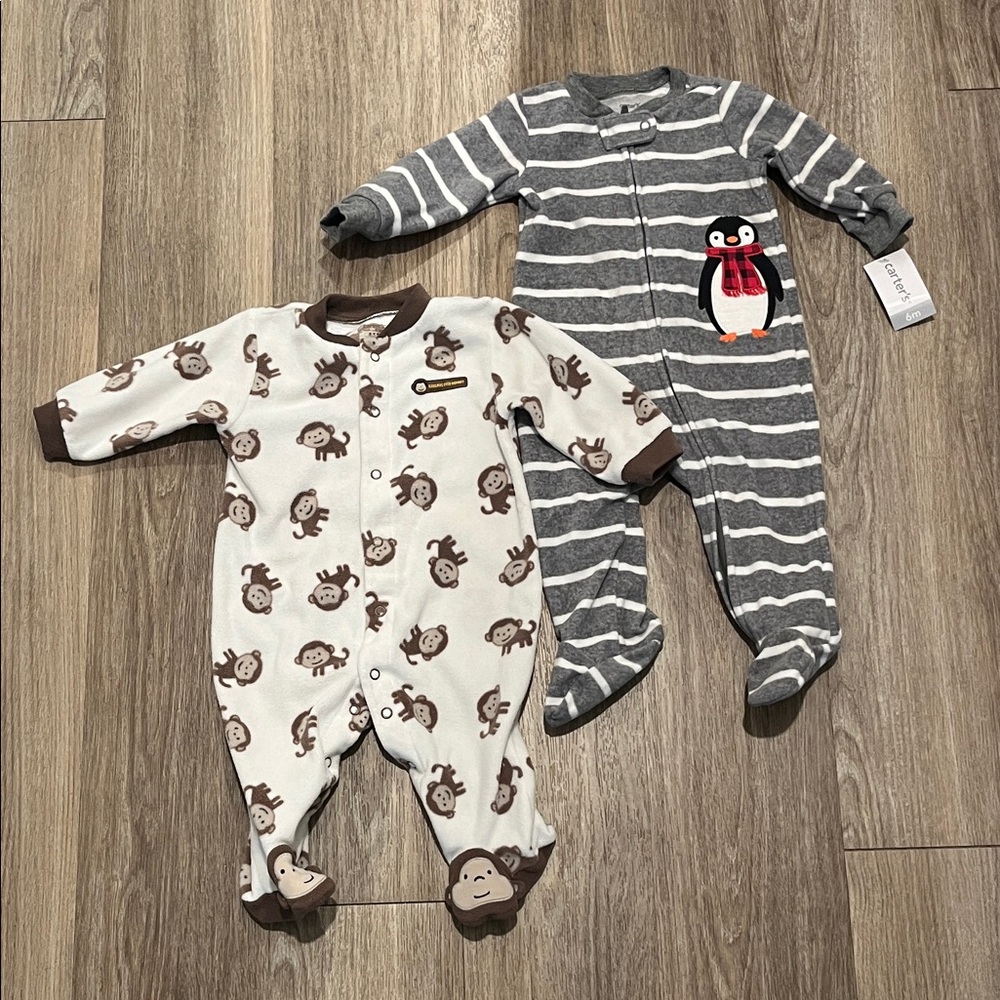 Carter's Cream and Gray Footies with Monkey and Penguin